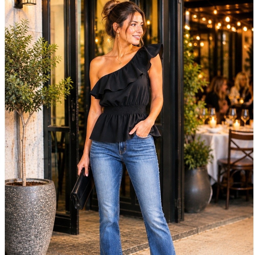 VTG My Michelle Black One Shoulder Ruffle Blouse Y2K Whimsigoth Top‎ Medium